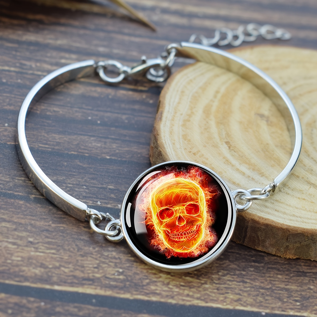 Flame Skull Glass Dome Charm Bracelet, Adjustable Bangle